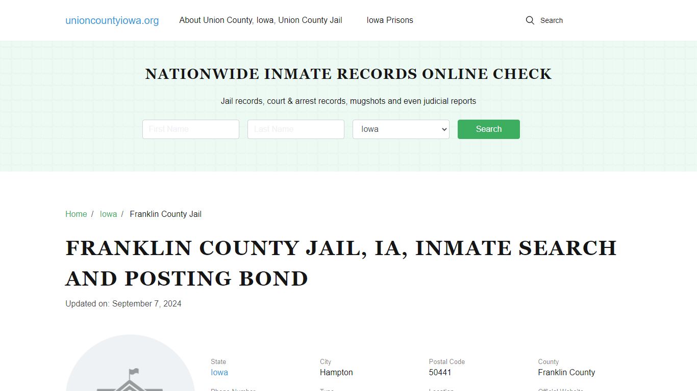 Franklin County Jail, IA, Inmate Search, Visitations - Union County, Iowa